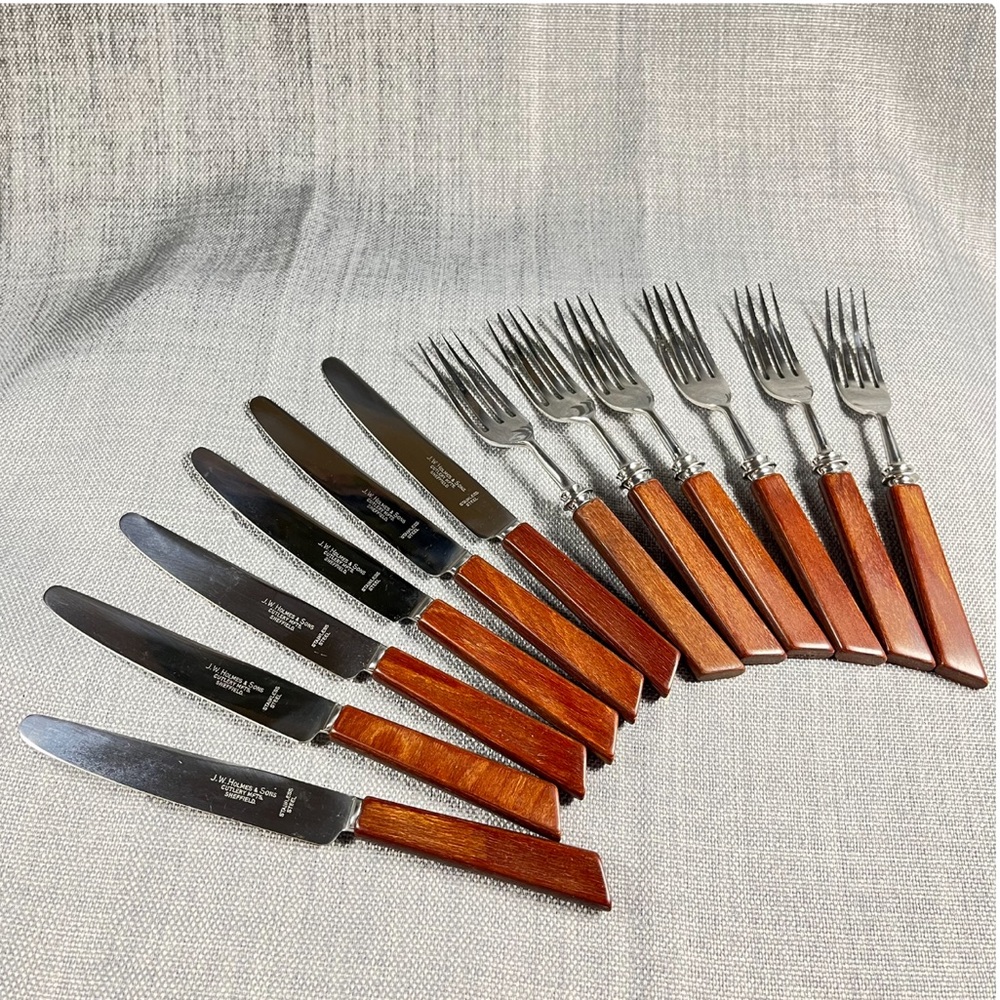 Vintage J.W. Holmes Sheffield 12 pcs Knife & Fork Set Stainless Bakelite Handles
